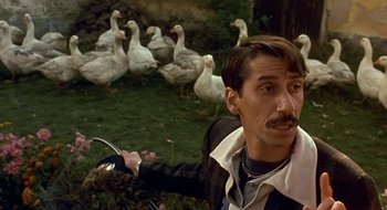 Movie still from “Black Cat, White Cat” (1998), directed by Emir Kusturica – A man is holding a bike in front of a flock of ducks; Close Up shot, Low angle