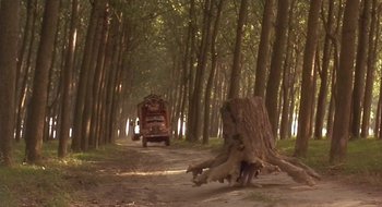 Movie still from “Black Cat, White Cat” (1998), directed by Emir Kusturica – A truck driving down a dirt road through a forest; Extreme Wide shot, Low angle