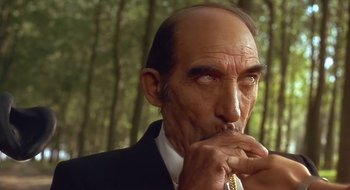 Movie still from “Black Cat, White Cat” (1998), directed by Emir Kusturica – An old man with a beard and a mustache; Close Up shot, Low angle