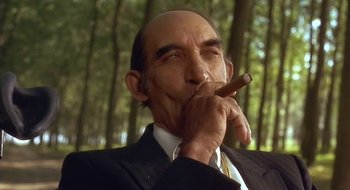 Movie still from “Black Cat, White Cat” (1998), directed by Emir Kusturica – An older man smoking a cigar in a forest; Close Up shot, Low angle