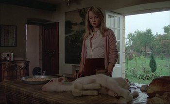 Movie still from “Black Moon” (1975), directed by Louis Malle – A woman standing in front of a cat on a table; Medium shot, High angle