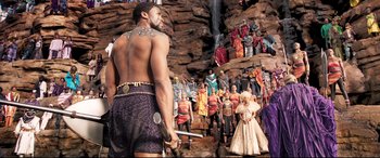 Movie still from “Black Panther” (2018), directed by Ryan Coogler – Wide shot, Over the shoulder angle