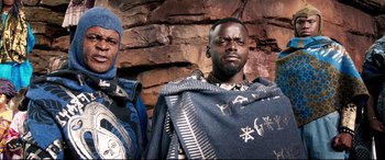 Movie still from “Black Panther” (2018), directed by Ryan Coogler – Medium shot, Low angle