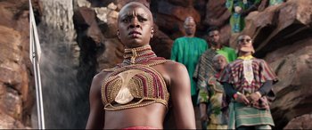 Movie still from “Black Panther” (2018), directed by Ryan Coogler – Medium shot, Low angle