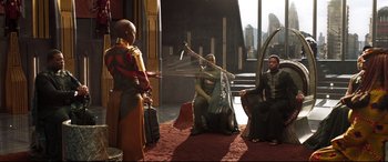 Movie still from “Black Panther” (2018), directed by Ryan Coogler – Wide shot, Over the shoulder angle