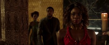 Movie still from “Black Panther” (2018), directed by Ryan Coogler – Medium shot, Over the shoulder angle