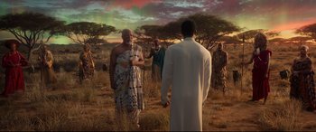 Movie still from “Black Panther” (2018), directed by Ryan Coogler – Wide shot, Over the shoulder angle