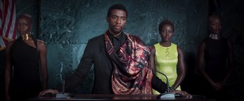 Movie still from “Black Panther” (2018), directed by Ryan Coogler – Medium shot, Low angle