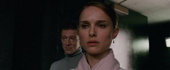 Movie still from “Black Swan” (2010), directed by Darren Aronofsky – A man and a woman standing next to each other; Close Up shot, Over the shoulder angle