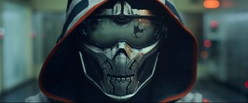 Movie still from “Black Widow” (2021), directed by Cate Shortland – The face of a person wearing a mask; Extreme Close Up shot, Low angle