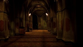 Movie still from “Blade II” (2002), directed by Guillermo del Toro – An empty hallway with lights on the ceiling; Extreme Wide shot, High angle