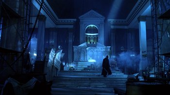 Movie still from “Blade II” (2002), directed by Guillermo del Toro – A man walking down the steps of a building; Extreme Wide shot, Low angle