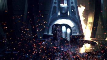 Movie still from “Blade II” (2002), directed by Guillermo del Toro – A man standing in front of an exploding machine; Medium shot, Low angle