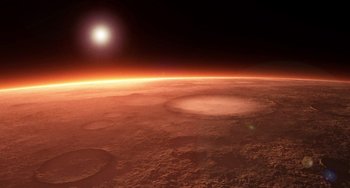 Movie still from “Tesla” (2020), directed by Michael Almereyda – An image of an earth from space with the sun in the background; Extreme Wide shot, High angle
