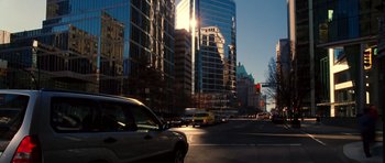 Movie still from “Blade: Trinity” (2004), directed by David S. Goyer – A city street filled with lots of traffic and tall buildings; Extreme Wide shot, Low angle