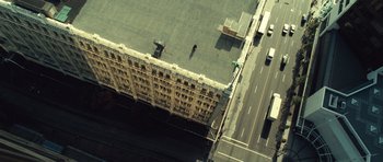 Movie still from “Blade: Trinity” (2004), directed by David S. Goyer – An aerial view of a building and a street; Extreme Wide shot, Overhead angle