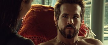 Movie still from “Blade: Trinity” (2004), directed by David S. Goyer – A person with a beard; Close Up shot, Over the shoulder angle