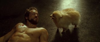 Movie still from “Blade: Trinity” (2004), directed by David S. Goyer – A man and a small dog on the ground; Close Up shot, Overhead angle