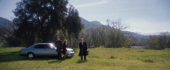Movie still from “Blast from the Past” (1999), directed by Hugh Wilson – A man standing next to a car in a grassy field; Extreme Wide shot, Low angle