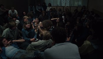 Movie still from “Blind Chance” (1987), directed by Krzysztof Kieslowski – A group of people sitting in a room; Wide shot, High angle