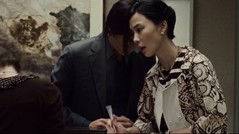 Movie still from “Blindness” (2008), directed by Fernando Meirelles – A man and a woman sitting at a table; Medium shot, Over the shoulder angle