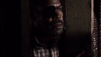 Movie still from “Blindness” (2008), directed by Fernando Meirelles – A man with a goatee and beard wearing a plaid shirt; Close Up shot, Low angle