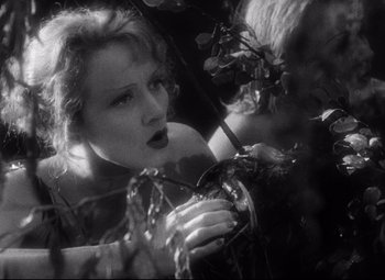 Movie still from “Blonde Venus” (1932), directed by Josef von Sternberg – A black - and - white photo of a woman holding a branch; Close Up shot, Low angle