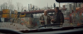 Movie still from “Blood Quantum” (2019), directed by Jeff Barnaby – A man and a woman walking on a bridge; Wide shot, Over the shoulder angle