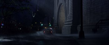 Movie still from “The Amazing Spider-Man” (2012), directed by Marc Webb – A car driving down a street at night; Extreme Wide shot, High angle