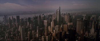 Movie still from “The Amazing Spider-Man” (2012), directed by Marc Webb – An aerial view of a large city with skyscrapers; Extreme Wide shot, High angle