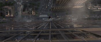 Movie still from “The Amazing Spider-Man” (2012), directed by Marc Webb – Looking down at a street from a skyscraper; Extreme Wide shot, Overhead angle