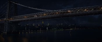 Movie still from “The Amazing Spider-Man” (2012), directed by Marc Webb – A view of a bridge and a city at night time; Extreme Wide shot, High angle