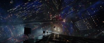 Movie still from “The Amazing Spider-Man” (2012), directed by Marc Webb – An aerial view of a city lit up at night; Extreme Wide shot, Overhead angle
