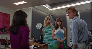 Movie still from “Blow-Up” (1966), directed by Michelangelo Antonioni – A group of people standing in front of a mirror in a room; Medium shot, Over the shoulder angle