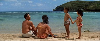 Movie still from “Blue Hawaii” (1961), directed by Norman Taurog – A group of people sitting on top of a sandy beach; Wide shot, High angle