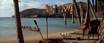 Movie still from “Blue Hawaii” (1961), directed by Norman Taurog – Clothes are hanging on a clothes line on the beach; Wide shot, High angle