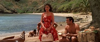 Movie still from “Blue Hawaii” (1961), directed by Norman Taurog – A woman in a red dress standing on a beach; Wide shot, High angle