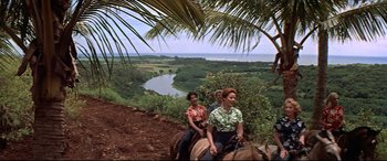 Movie still from “Blue Hawaii” (1961), directed by Norman Taurog – Two women riding horses on a hill overlooking a river; Wide shot, High angle