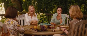 Movie still from “Blue Jasmine” (2013), directed by Woody Allen – Two women sitting at a table with a bowl of fruit; Medium shot, Over the shoulder angle