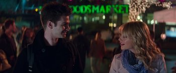 Movie still from “The Amazing Spider-Man 2” (2014), directed by Marc Webb – A man and a woman talking to each other; Close Up shot, Over the shoulder angle