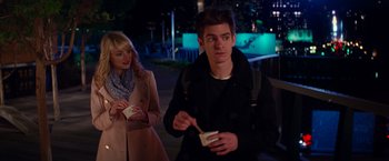 Movie still from “The Amazing Spider-Man 2” (2014), directed by Marc Webb – A man and a woman are standing outside at night; Medium shot, Over the shoulder angle