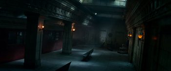 Movie still from “The Amazing Spider-Man 2” (2014), directed by Marc Webb – An empty room with a bench in the middle; Extreme Wide shot, High angle