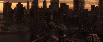 Movie still from “The Amazing Spider-Man 2” (2014), directed by Marc Webb – A view of a city skyline at night; Extreme Wide shot, High angle