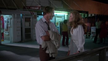 Movie still from “Body Heat” (1981), directed by Lawrence Kasdan – A man and a woman talking to each other; Medium shot, Over the shoulder angle