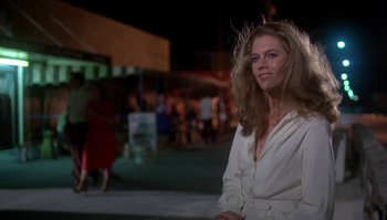 Movie still from “Body Heat” (1981), directed by Lawrence Kasdan – A woman standing on a sidewalk at night; Medium shot, Low angle