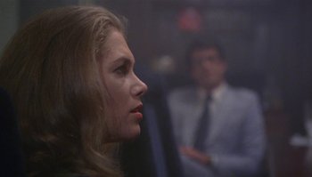Movie still from “Body Heat” (1981), directed by Lawrence Kasdan – A woman looking to her left while a man in a suit stands in the background; Close Up shot, Over the shoulder angle