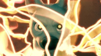 Movie still from “Bolt” (2008), directed by Chris Williams – An animal with eyes glowing in the dark; Extreme Close Up shot, High angle