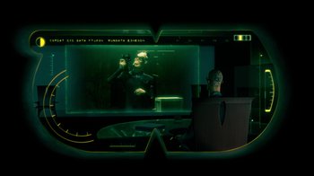 Movie still from “Bolt” (2008), directed by Chris Williams – A man sitting in front of a large screen television; Medium shot, Over the shoulder angle