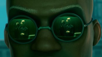 Movie still from “Bolt” (2008), directed by Chris Williams – A person wearing glasses with a reflection of a man in the mirror; Extreme Close Up shot, Over the shoulder angle