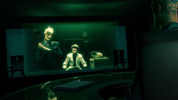 Movie still from “Bolt” (2008), directed by Chris Williams – A television screen with a man and a robot on it; Medium shot, Over the shoulder angle